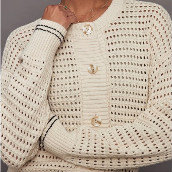 Magaschoni Sweaters - Magaschoni Cream Knit Button-Up Cardigan with Black Trim
